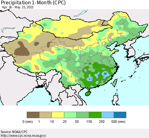 China, Mongolia and Taiwan Precipitation 1-Month (CPC) Thematic Map For 4/26/2023 - 5/25/2023