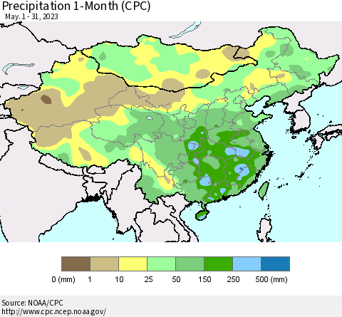 China, Mongolia and Taiwan Precipitation 1-Month (CPC) Thematic Map For 5/1/2023 - 5/31/2023