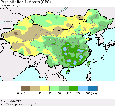 China, Mongolia and Taiwan Precipitation 1-Month (CPC) Thematic Map For 5/6/2023 - 6/5/2023