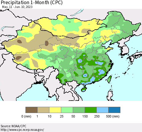 China, Mongolia and Taiwan Precipitation 1-Month (CPC) Thematic Map For 5/11/2023 - 6/10/2023