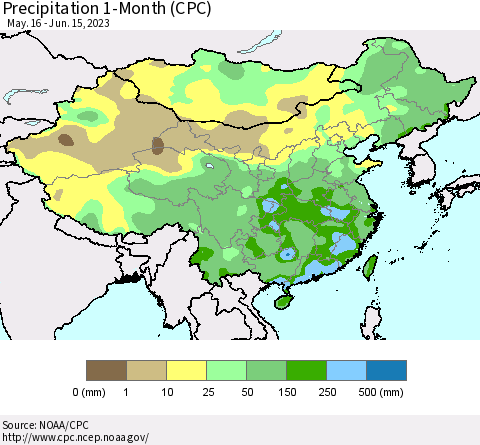 China, Mongolia and Taiwan Precipitation 1-Month (CPC) Thematic Map For 5/16/2023 - 6/15/2023