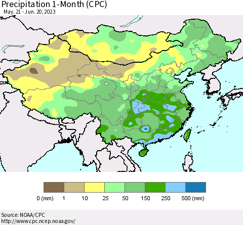 China, Mongolia and Taiwan Precipitation 1-Month (CPC) Thematic Map For 5/21/2023 - 6/20/2023