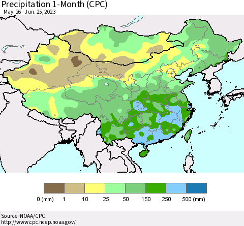 China, Mongolia and Taiwan Precipitation 1-Month (CPC) Thematic Map For 5/26/2023 - 6/25/2023