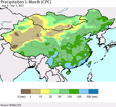 China, Mongolia and Taiwan Precipitation 1-Month (CPC) Thematic Map For 8/6/2023 - 9/5/2023
