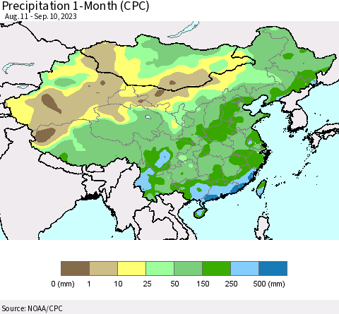 China, Mongolia and Taiwan Precipitation 1-Month (CPC) Thematic Map For 8/11/2023 - 9/10/2023