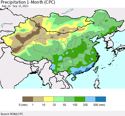 China, Mongolia and Taiwan Precipitation 1-Month (CPC) Thematic Map For 8/16/2023 - 9/15/2023