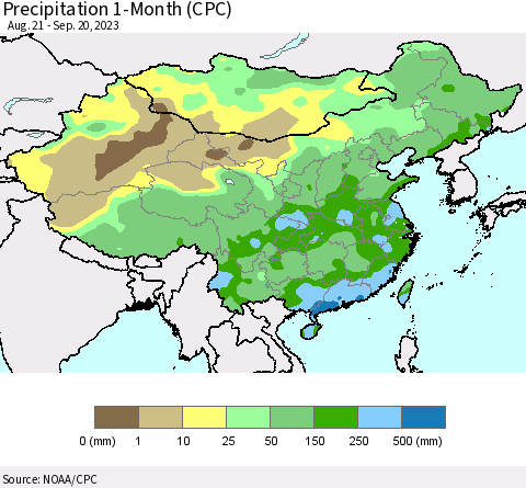 China, Mongolia and Taiwan Precipitation 1-Month (CPC) Thematic Map For 8/21/2023 - 9/20/2023