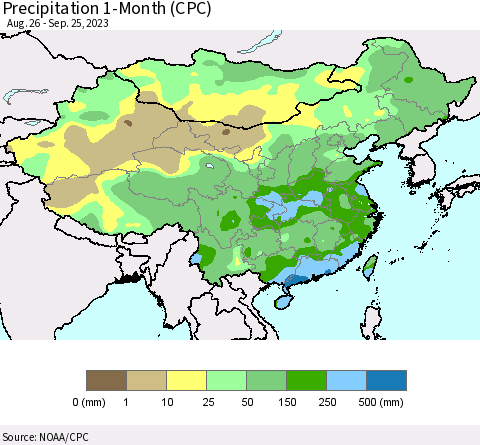 China, Mongolia and Taiwan Precipitation 1-Month (CPC) Thematic Map For 8/26/2023 - 9/25/2023