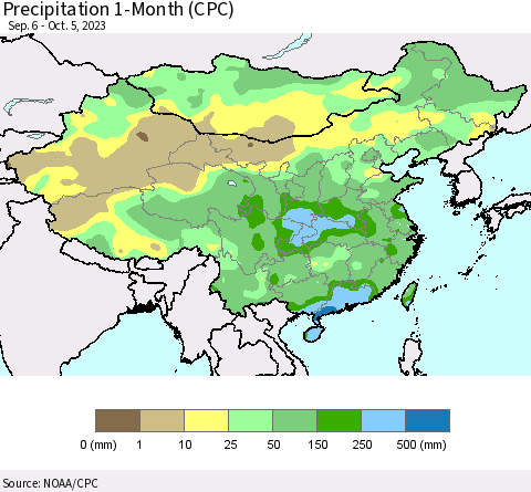 China, Mongolia and Taiwan Precipitation 1-Month (CPC) Thematic Map For 9/6/2023 - 10/5/2023