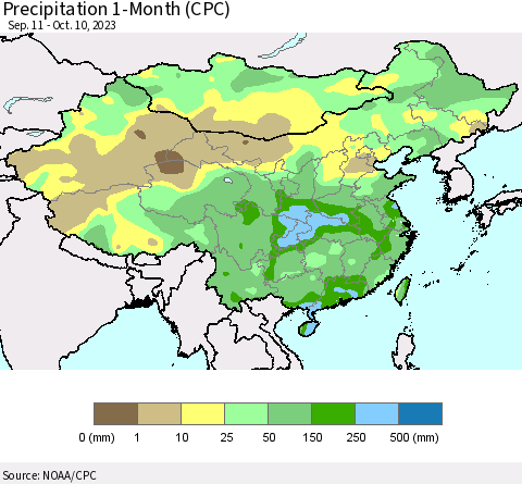 China, Mongolia and Taiwan Precipitation 1-Month (CPC) Thematic Map For 9/11/2023 - 10/10/2023