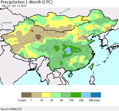 China, Mongolia and Taiwan Precipitation 1-Month (CPC) Thematic Map For 9/16/2023 - 10/15/2023