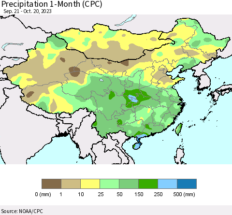 China, Mongolia and Taiwan Precipitation 1-Month (CPC) Thematic Map For 9/21/2023 - 10/20/2023