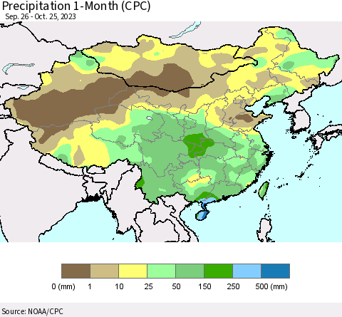 China, Mongolia and Taiwan Precipitation 1-Month (CPC) Thematic Map For 9/26/2023 - 10/25/2023