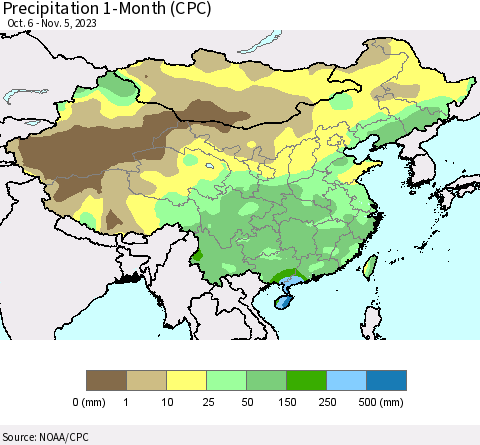 China, Mongolia and Taiwan Precipitation 1-Month (CPC) Thematic Map For 10/6/2023 - 11/5/2023