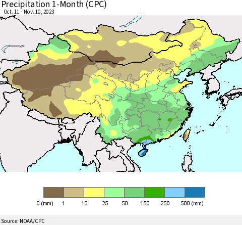 China, Mongolia and Taiwan Precipitation 1-Month (CPC) Thematic Map For 10/11/2023 - 11/10/2023