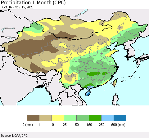 China, Mongolia and Taiwan Precipitation 1-Month (CPC) Thematic Map For 10/16/2023 - 11/15/2023
