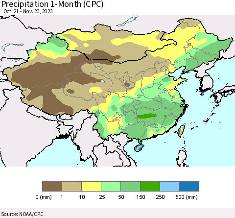 China, Mongolia and Taiwan Precipitation 1-Month (CPC) Thematic Map For 10/21/2023 - 11/20/2023