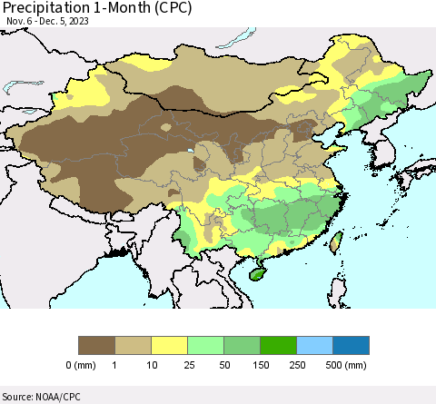 China, Mongolia and Taiwan Precipitation 1-Month (CPC) Thematic Map For 11/6/2023 - 12/5/2023