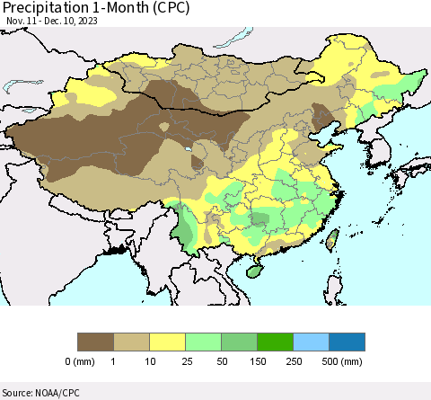 China, Mongolia and Taiwan Precipitation 1-Month (CPC) Thematic Map For 11/11/2023 - 12/10/2023