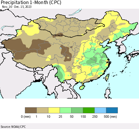 China, Mongolia and Taiwan Precipitation 1-Month (CPC) Thematic Map For 11/16/2023 - 12/15/2023