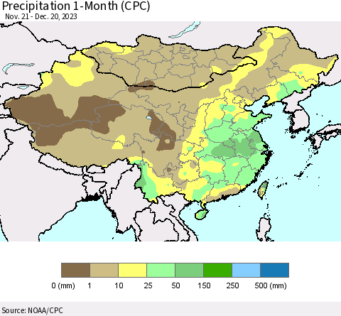China, Mongolia and Taiwan Precipitation 1-Month (CPC) Thematic Map For 11/21/2023 - 12/20/2023