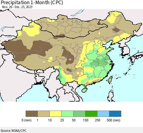 China, Mongolia and Taiwan Precipitation 1-Month (CPC) Thematic Map For 11/26/2023 - 12/25/2023