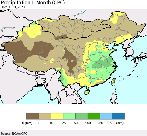 China, Mongolia and Taiwan Precipitation 1-Month (CPC) Thematic Map For 12/1/2023 - 12/31/2023