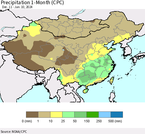 China, Mongolia and Taiwan Precipitation 1-Month (CPC) Thematic Map For 12/11/2023 - 1/10/2024