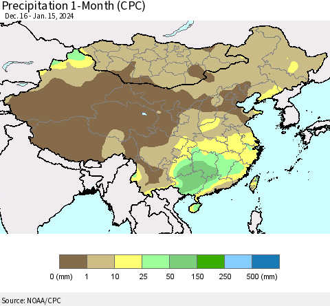 China, Mongolia and Taiwan Precipitation 1-Month (CPC) Thematic Map For 12/16/2023 - 1/15/2024