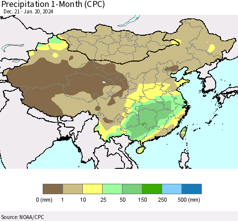 China, Mongolia and Taiwan Precipitation 1-Month (CPC) Thematic Map For 12/21/2023 - 1/20/2024