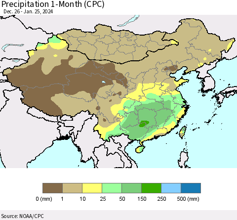 China, Mongolia and Taiwan Precipitation 1-Month (CPC) Thematic Map For 12/26/2023 - 1/25/2024