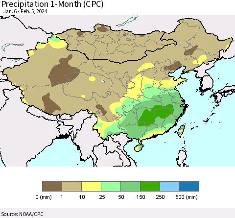 China, Mongolia and Taiwan Precipitation 1-Month (CPC) Thematic Map For 1/6/2024 - 2/5/2024