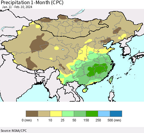 China, Mongolia and Taiwan Precipitation 1-Month (CPC) Thematic Map For 1/11/2024 - 2/10/2024