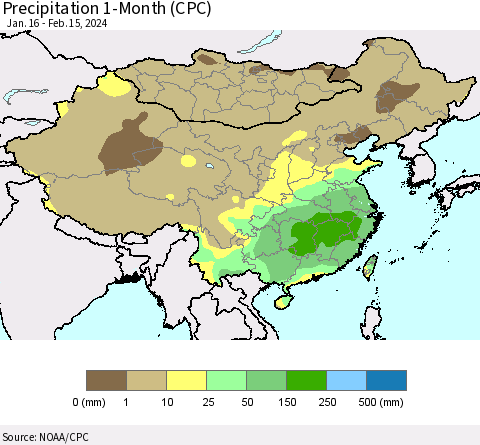 China, Mongolia and Taiwan Precipitation 1-Month (CPC) Thematic Map For 1/16/2024 - 2/15/2024