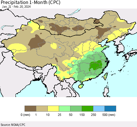 China, Mongolia and Taiwan Precipitation 1-Month (CPC) Thematic Map For 1/21/2024 - 2/20/2024