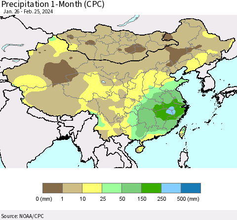 China, Mongolia and Taiwan Precipitation 1-Month (CPC) Thematic Map For 1/26/2024 - 2/25/2024
