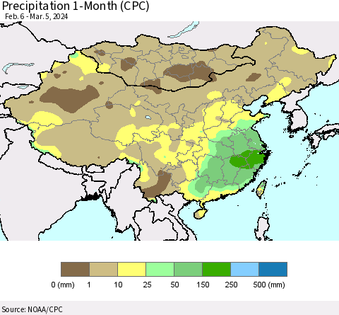 China, Mongolia and Taiwan Precipitation 1-Month (CPC) Thematic Map For 2/6/2024 - 3/5/2024