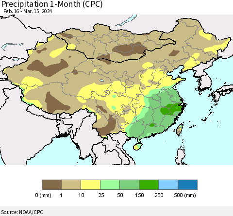 China, Mongolia and Taiwan Precipitation 1-Month (CPC) Thematic Map For 2/16/2024 - 3/15/2024