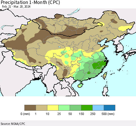 China, Mongolia and Taiwan Precipitation 1-Month (CPC) Thematic Map For 2/21/2024 - 3/20/2024