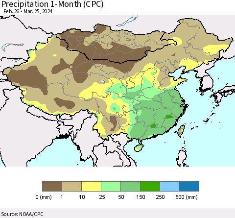 China, Mongolia and Taiwan Precipitation 1-Month (CPC) Thematic Map For 2/26/2024 - 3/25/2024