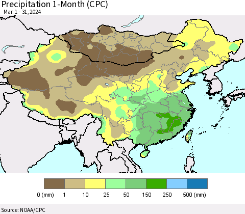 China, Mongolia and Taiwan Precipitation 1-Month (CPC) Thematic Map For 3/1/2024 - 3/31/2024