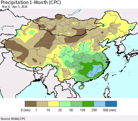 China, Mongolia and Taiwan Precipitation 1-Month (CPC) Thematic Map For 3/6/2024 - 4/5/2024