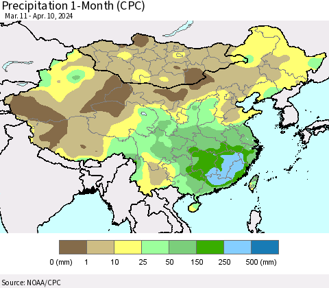 China, Mongolia and Taiwan Precipitation 1-Month (CPC) Thematic Map For 3/11/2024 - 4/10/2024