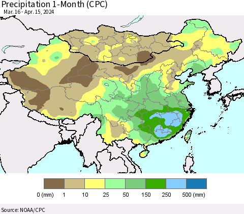 China, Mongolia and Taiwan Precipitation 1-Month (CPC) Thematic Map For 3/16/2024 - 4/15/2024