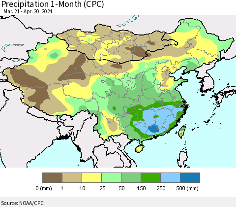 China, Mongolia and Taiwan Precipitation 1-Month (CPC) Thematic Map For 3/21/2024 - 4/20/2024