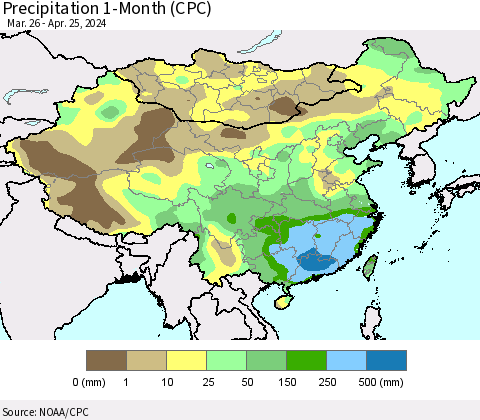 China, Mongolia and Taiwan Precipitation 1-Month (CPC) Thematic Map For 3/26/2024 - 4/25/2024