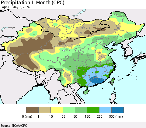 China, Mongolia and Taiwan Precipitation 1-Month (CPC) Thematic Map For 4/6/2024 - 5/5/2024