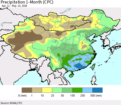China, Mongolia and Taiwan Precipitation 1-Month (CPC) Thematic Map For 4/11/2024 - 5/10/2024