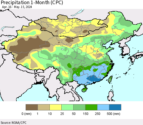 China, Mongolia and Taiwan Precipitation 1-Month (CPC) Thematic Map For 4/16/2024 - 5/15/2024