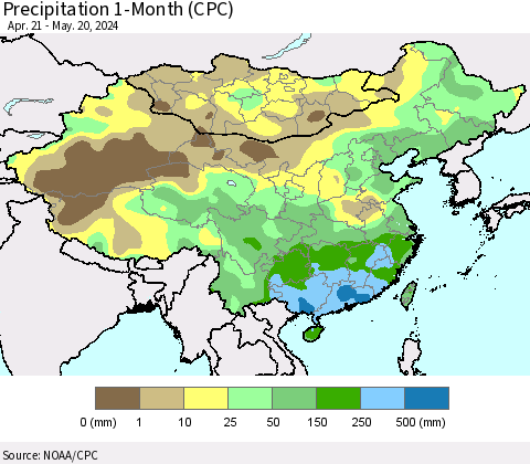 China, Mongolia and Taiwan Precipitation 1-Month (CPC) Thematic Map For 4/21/2024 - 5/20/2024